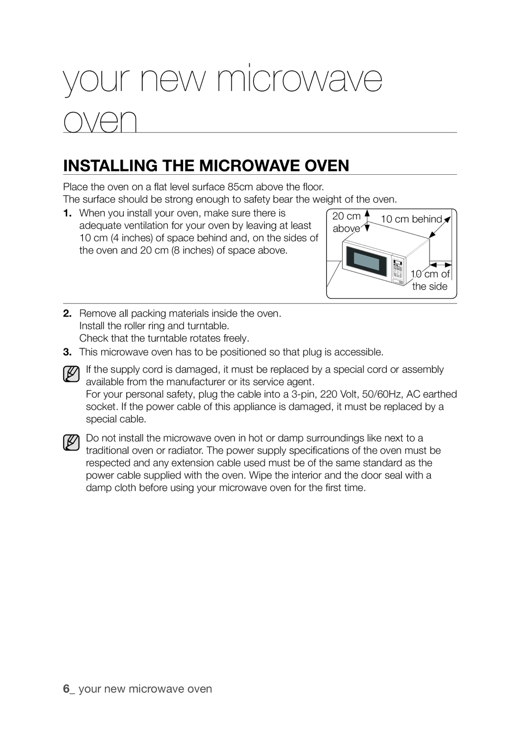 Samsung MW73B/ZAM manual Your new microwave oven, Installing the microwave oven 