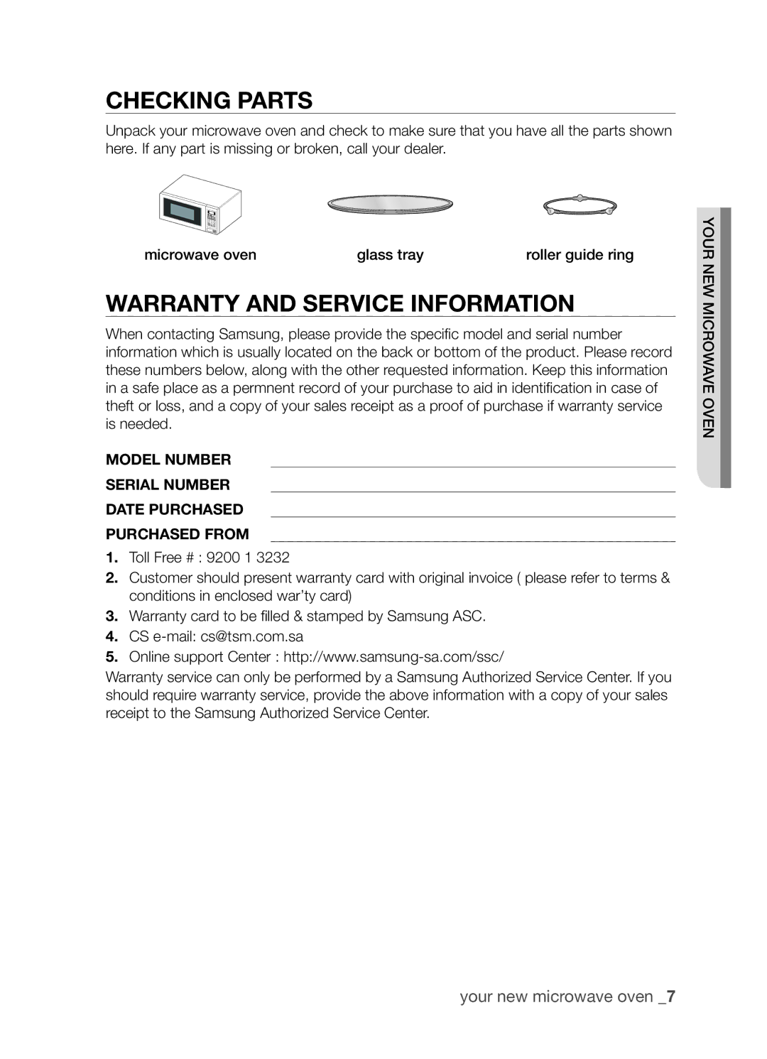 Samsung MW73B/ZAM manual Checking parts, Warranty and service information 