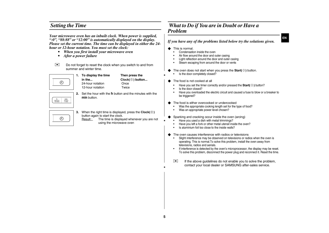 Samsung MW73C/XEH manual Setting the Time, What to Do if You are in Doubt or Have a Problem, To display the time Then press 