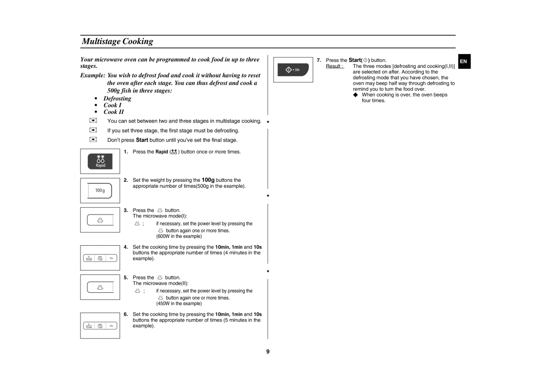 Samsung MW73C/XEH, MW73C/BOL manual Multistage Cooking, Example Press the button. The microwave modeII 