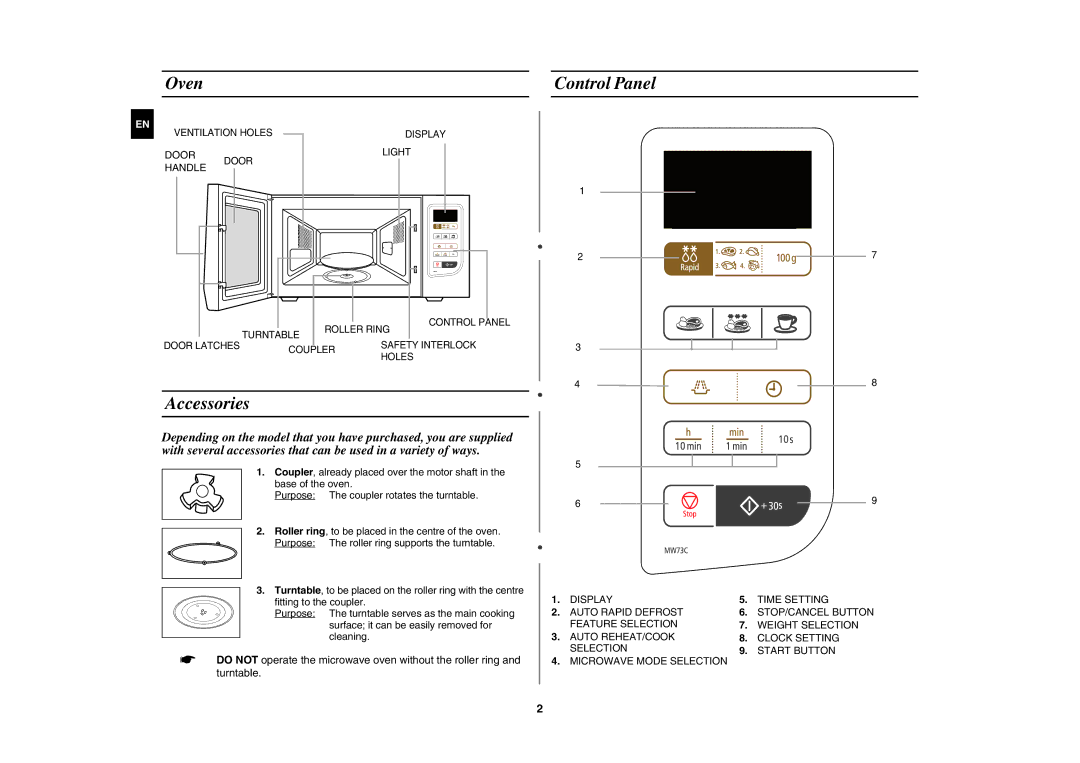 Samsung MW73C/BOL, MW73C/XEH manual Oven, Control Panel, Accessories 