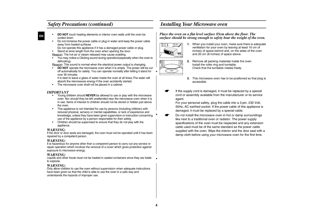 Samsung MW73C/BOL, MW73C/XEH manual Installing Your Microwave oven 