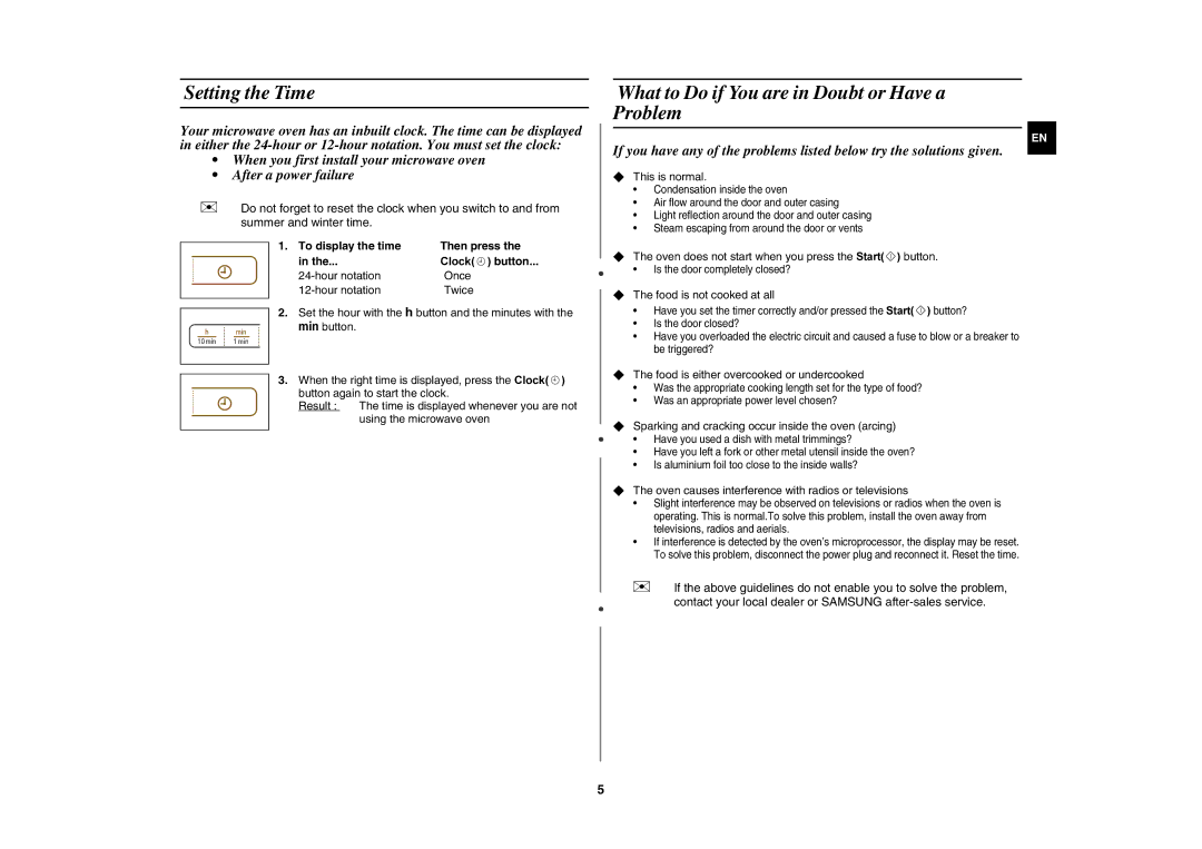 Samsung MW73C/XEH manual Setting the Time, What to Do if You are in Doubt or Have a Problem, To display the time Then press 