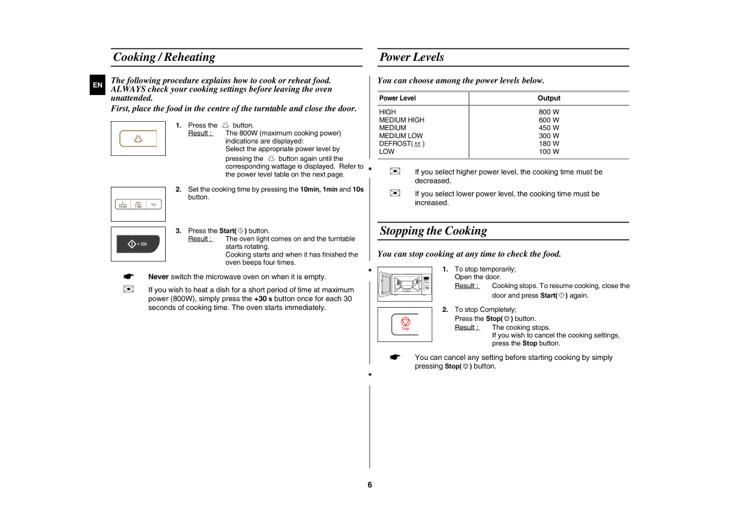 Samsung MW73C/BOL, MW73C/XEH manual Cooking / Reheating Power Levels, Stopping the Cooking, Output 