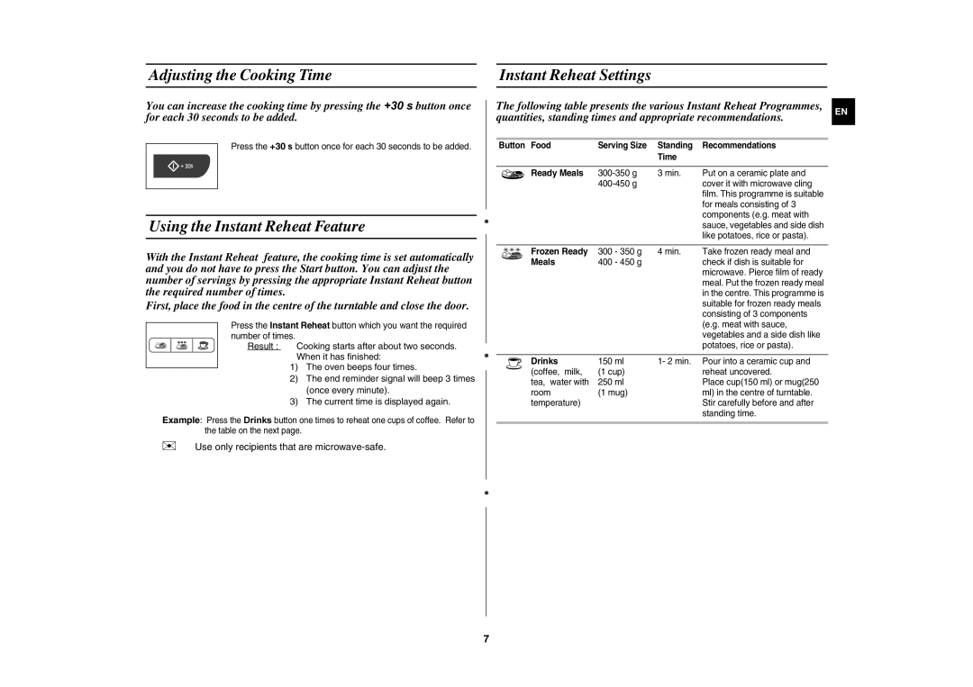 Samsung MW73C/XEH, MW73C/BOL manual Adjusting the Cooking Time, Using the Instant Reheat Feature, Instant Reheat Settings 