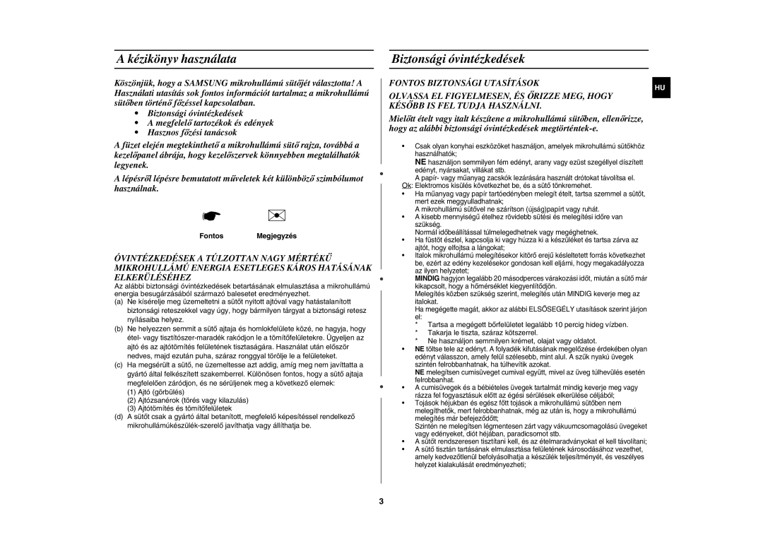 Samsung MW73C/XEH, MW73C/BOL manual Kézikönyv használata, Biztonsági óvintézkedések, FontosMegjegyzés 