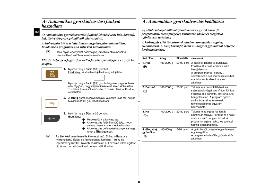 Samsung MW73C/BOL manual Az Automatikus gyorskiolvasztási funkció használata, Az Automatikus gyorskiolvasztás beállításai 