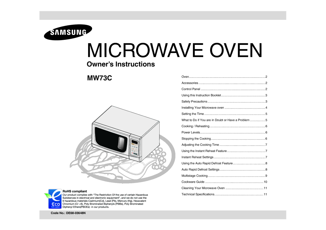 Samsung MW73C/BOL, MW73C/GEN manual Microwave Oven, Code No. DE68-03648N 