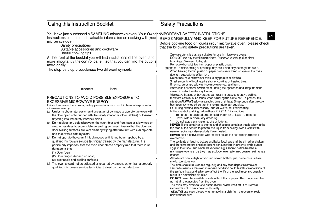 Samsung MW73C/BOL, MW73C/GEN manual Using this Instruction Booklet, Safety Precautions 