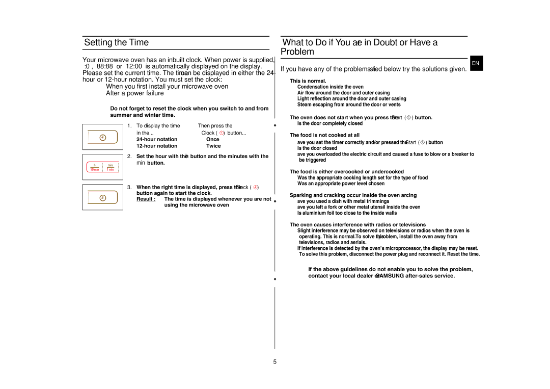 Samsung MW73C/BOL manual Setting the Time, What to Do if You are in Doubt or Have a Problem, To display the time Then press 