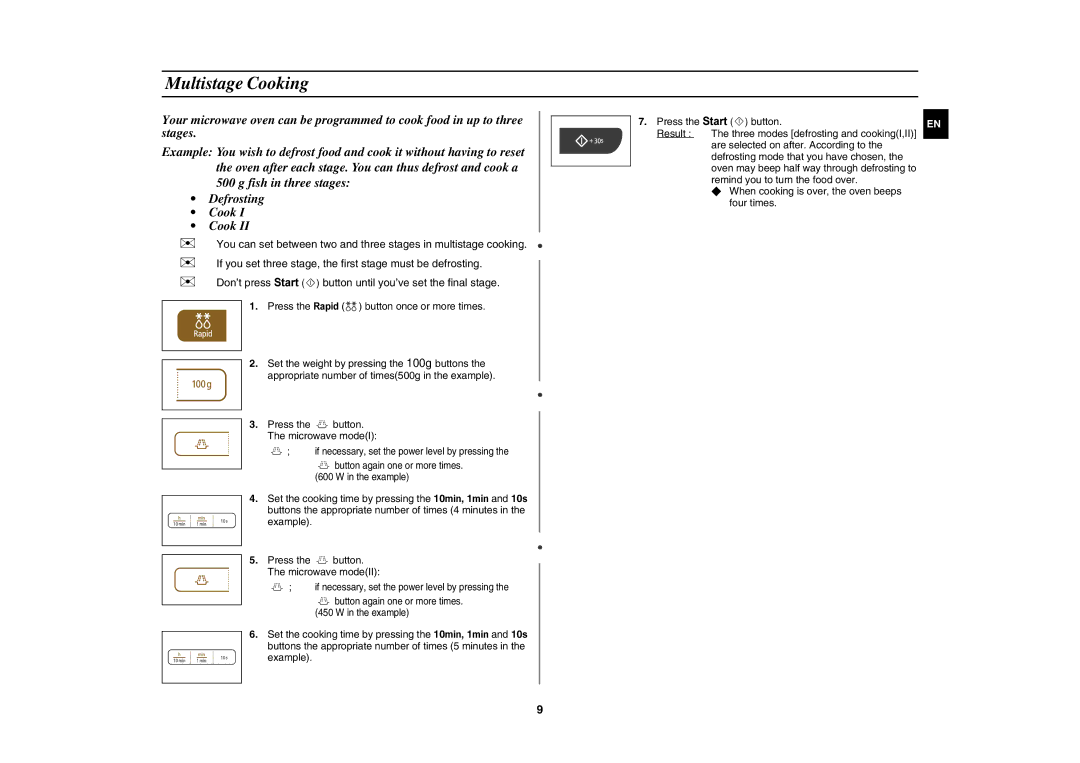 Samsung MW73C/BOL, MW73C/GEN manual Multistage Cooking, Fish in three stages Defrosting Cook 