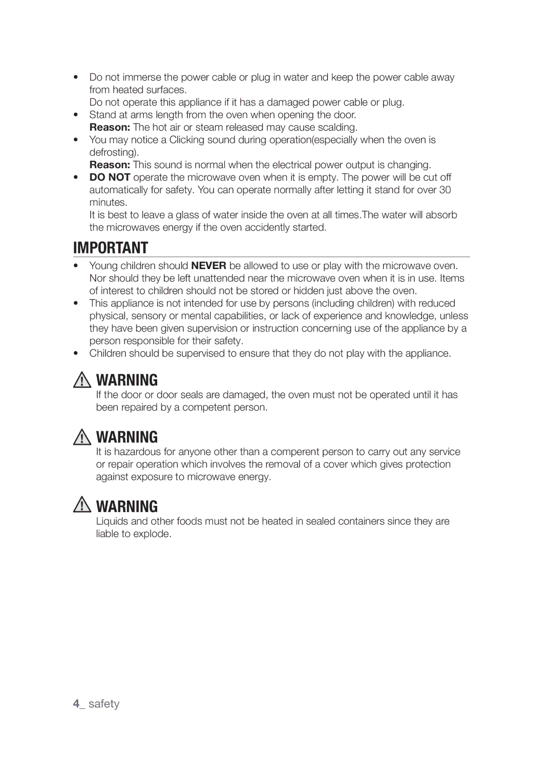 Samsung MW73C/XSV, MW73C/ZAM, MW73C/XSG, MW73C-S/XSG manual  safety 