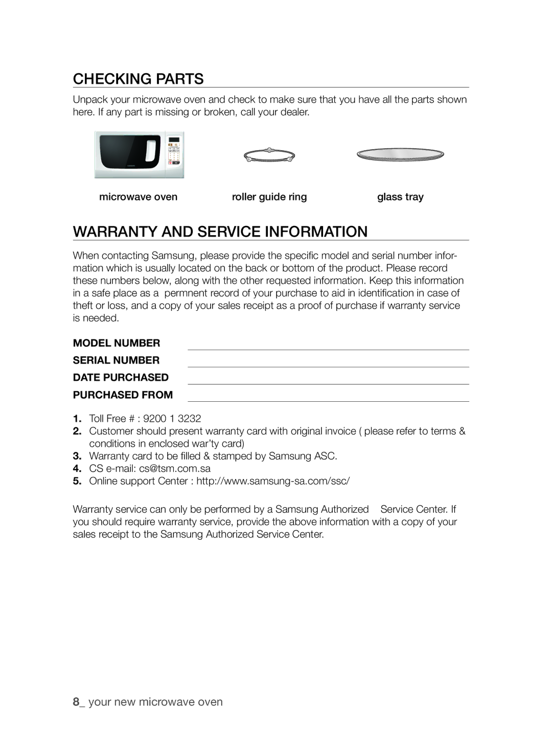 Samsung MW73C/XSV, MW73C/ZAM, MW73C/XSG, MW73C-S/XSG manual Checking Parts, Warranty and Service Information 