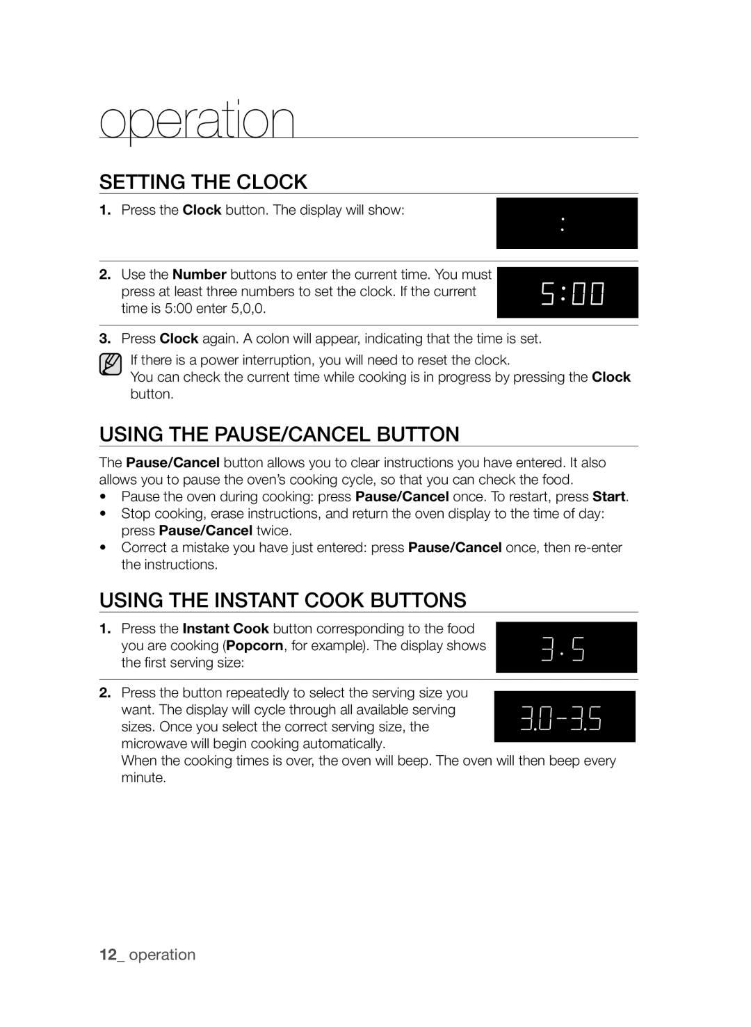 Samsung MW73C/XSV, MW73C/ZAM Operation, Setting the Clock, Using the Pause/Cancel Button, Using the Instant Cook Buttons 