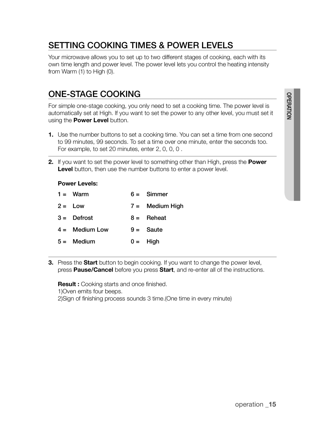 Samsung MW73C-S/XSG, MW73C/XSV, MW73C/ZAM, MW73C/XSG manual Setting Cooking Times & Power Levels, One-stage Cooking 