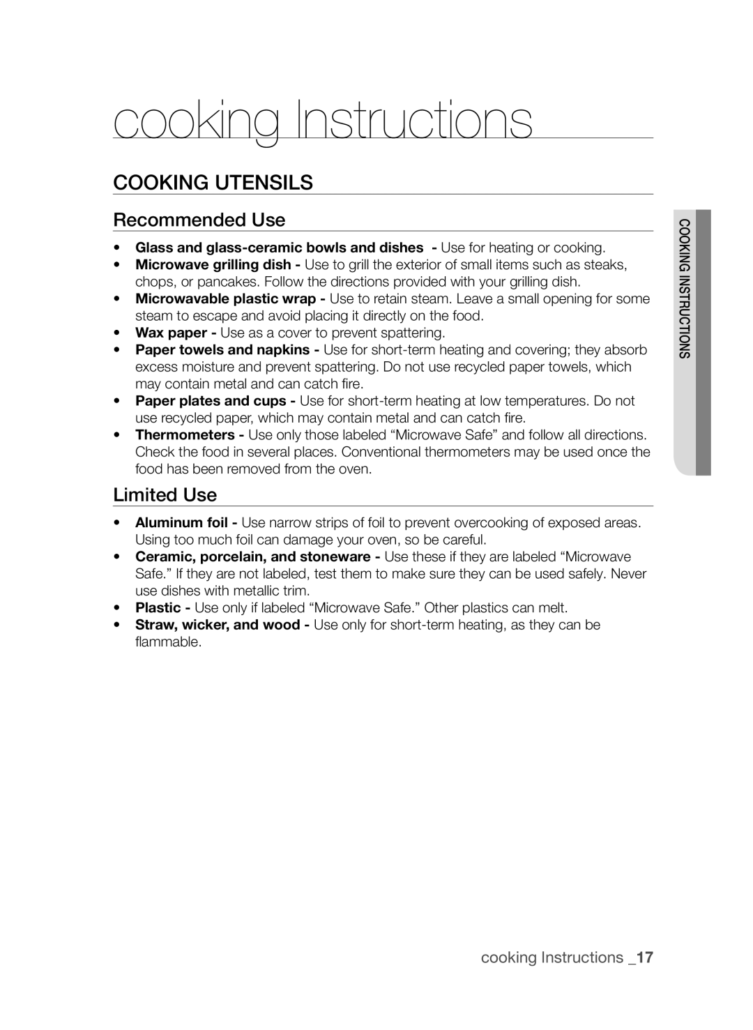 Samsung MW73C/ZAM, MW73C/XSV, MW73C/XSG, MW73C-S/XSG Cooking Instructions, Cooking Utensils, Recommended Use, Limited Use 