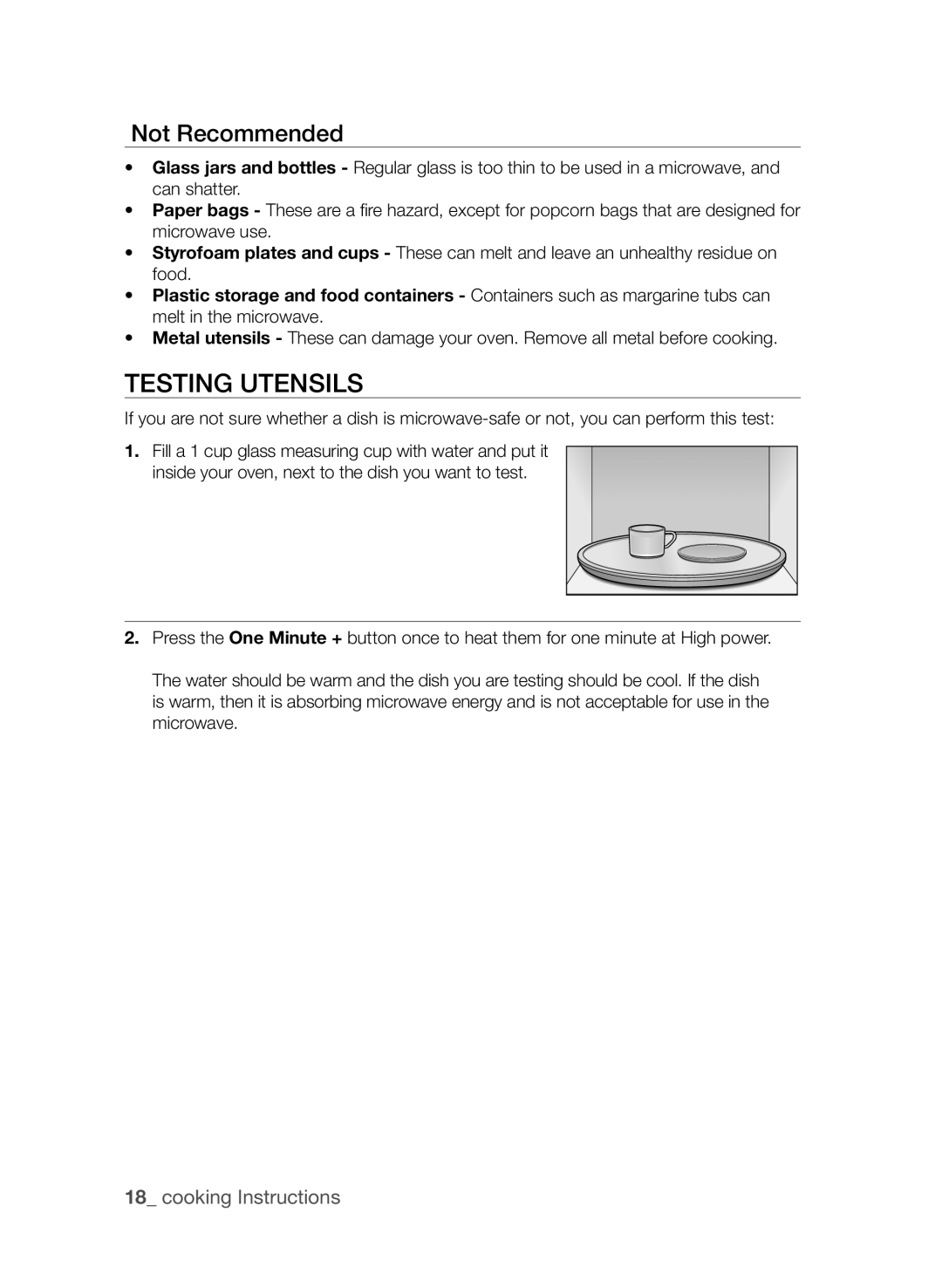 Samsung MW73C/XSG, MW73C/XSV, MW73C/ZAM, MW73C-S/XSG manual Testing Utensils, Not Recommended 