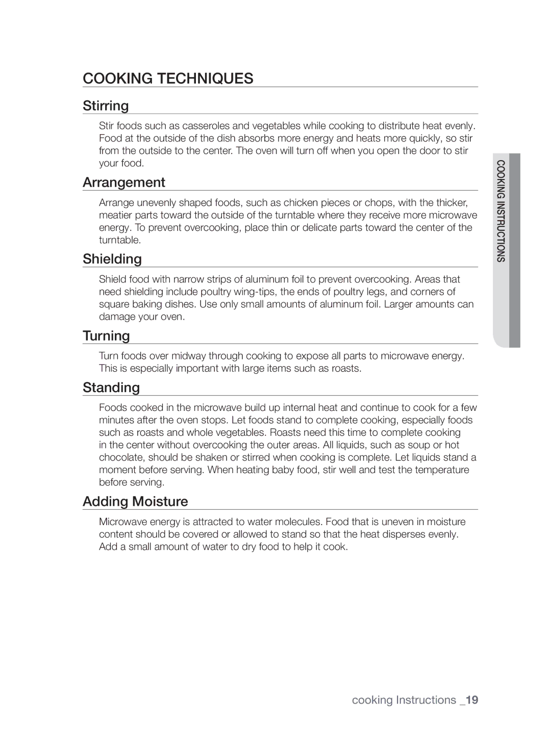 Samsung MW73C-S/XSG, MW73C/XSV, MW73C/ZAM, MW73C/XSG manual Cooking Techniques 