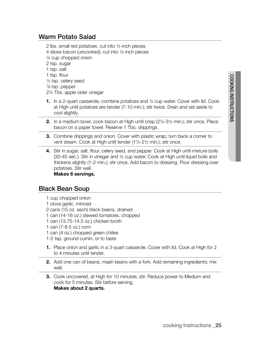 Samsung MW73C/ZAM, MW73C/XSV, MW73C/XSG, MW73C-S/XSG manual Warm Potato Salad, Black Bean Soup, Makes about 2 quarts 