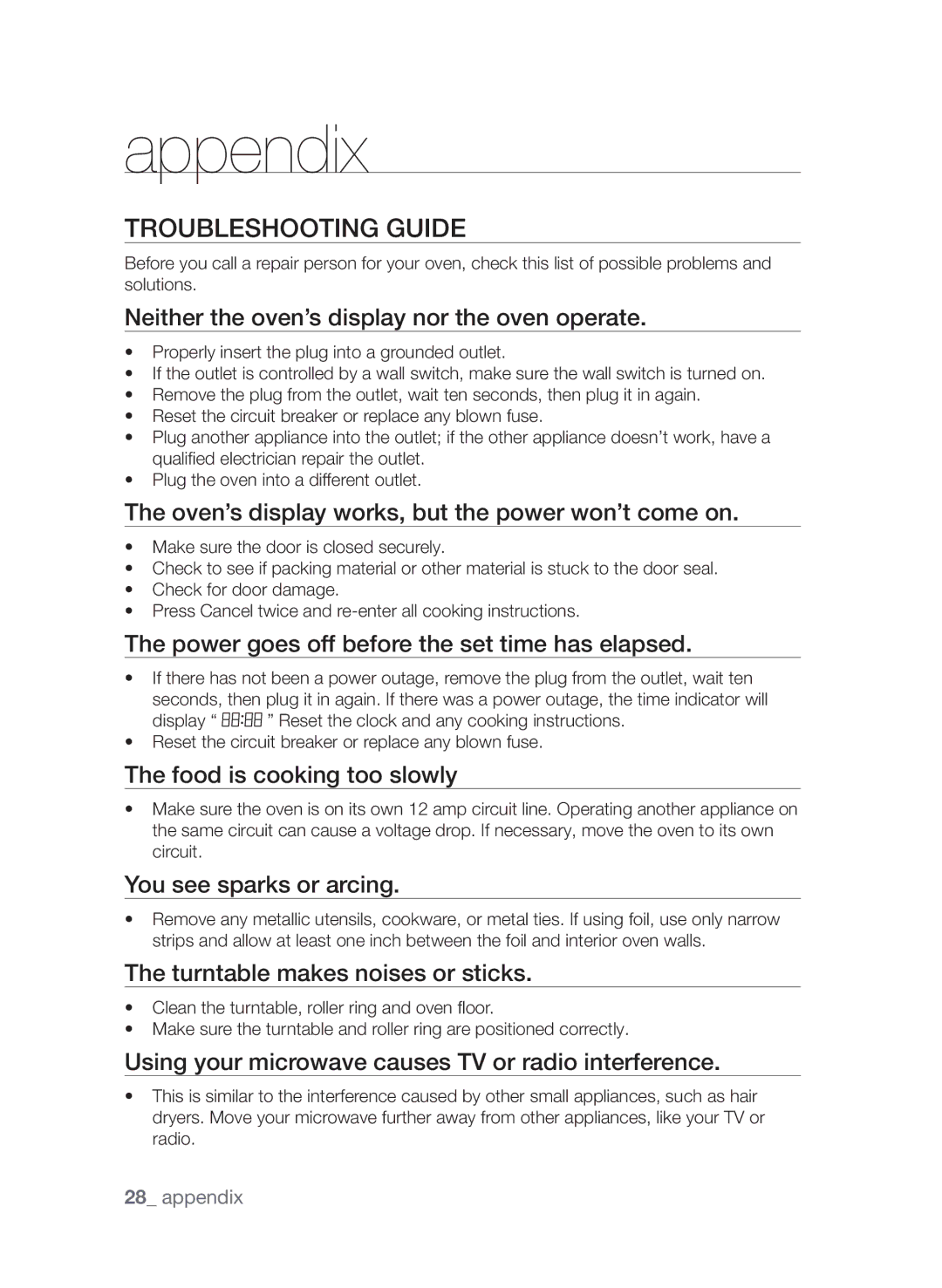 Samsung MW73C/XSV, MW73C/ZAM, MW73C/XSG, MW73C-S/XSG manual Appendix, Troubleshooting Guide 