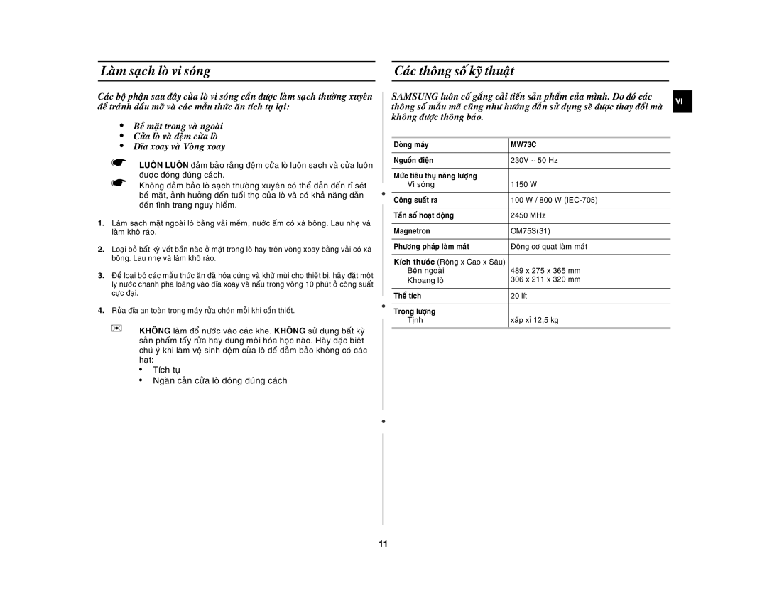 Samsung MW73C/XSV manual Laøm saïch loø vi soùng, Caùc thoâng soá kyõ thuaät 