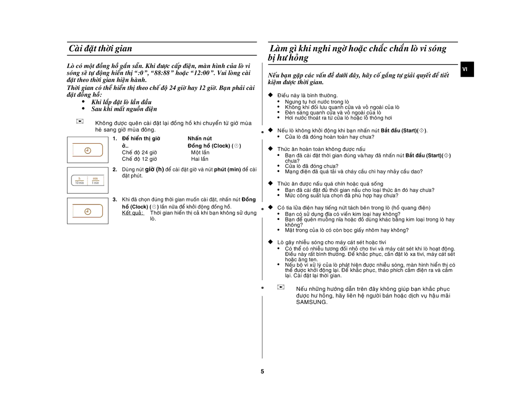 Samsung MW73C/XSV manual Caøi ñaët thôøi gian, Ñeå hieån thò giôø, Ôû…, Cheá ñoä 24 giôø, Cheá ñoä 12 giôø 