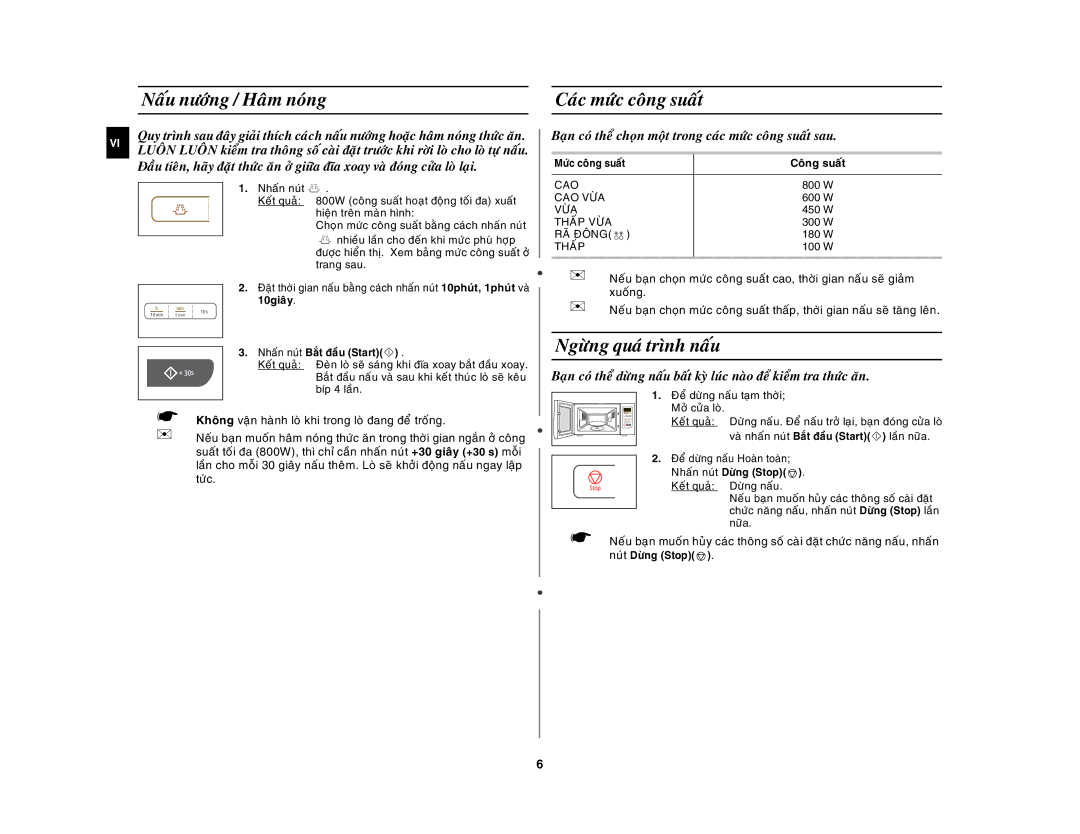 Samsung MW73C/XSV manual Naáu nöôùng / Haâm noùng Caùc möùc coâng suaát, Ngöøng quaù trình naáu, Coâng suaát 