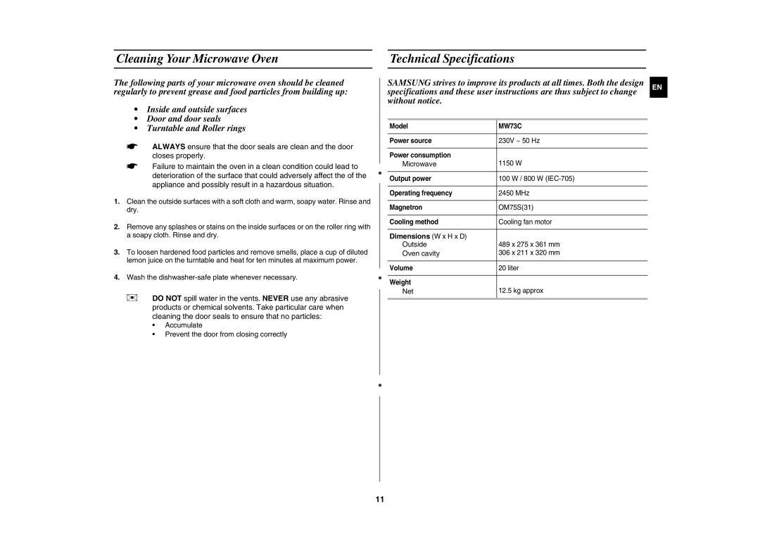 Samsung MW73C/XSV manual Cleaning Your Microwave Oven, Technical Specifications, Dimensions W x H x D 