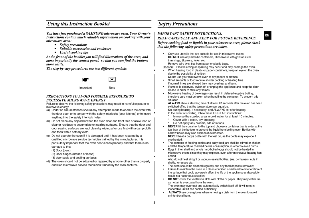 Samsung MW73C/XSV manual Using this Instruction Booklet, Safety Precautions, ImportantNote 