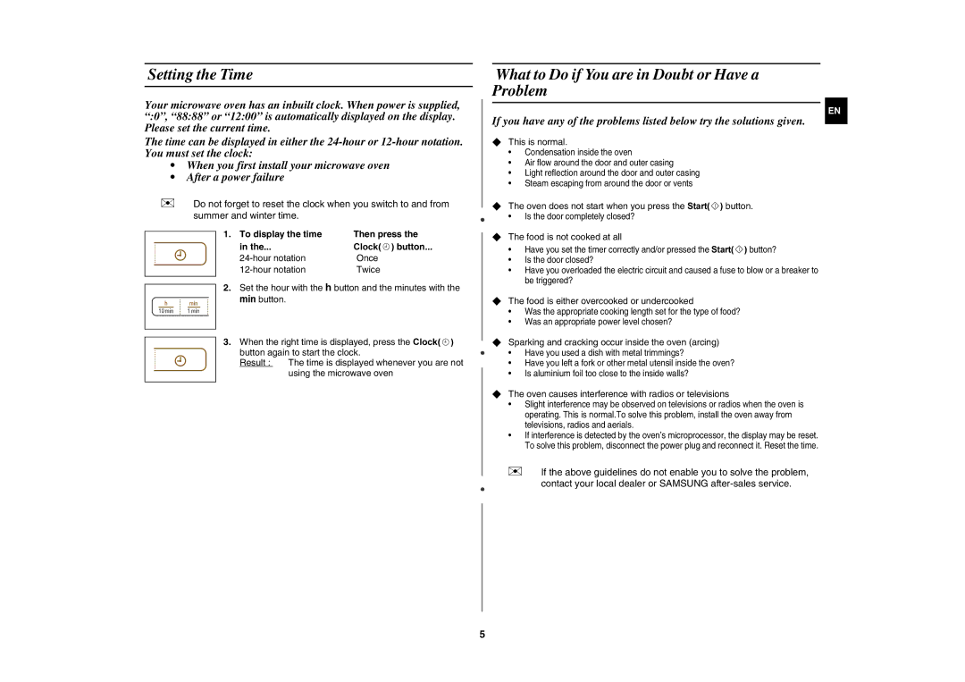 Samsung MW73C/XSV manual Setting the Time, What to Do if You are in Doubt or Have a Problem, To display the time Then press 