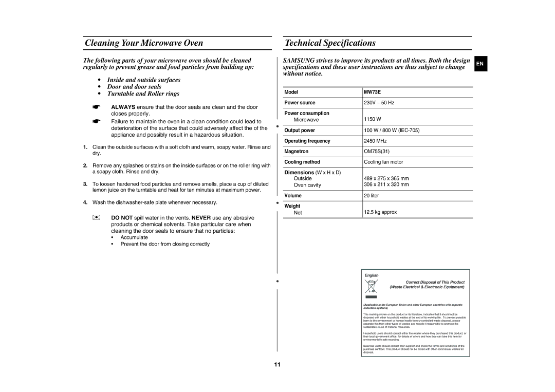 Samsung MW73E-WB/BOL manual Cleaning Your Microwave Oven, Technical Specifications, Dimensions W x H x D 