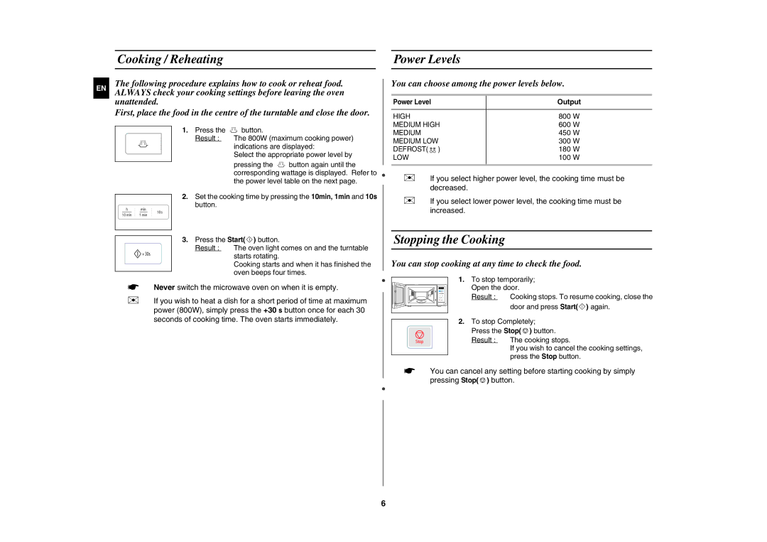 Samsung MW73E-WB/BOL manual Cooking / Reheating Power Levels, Stopping the Cooking, Output 