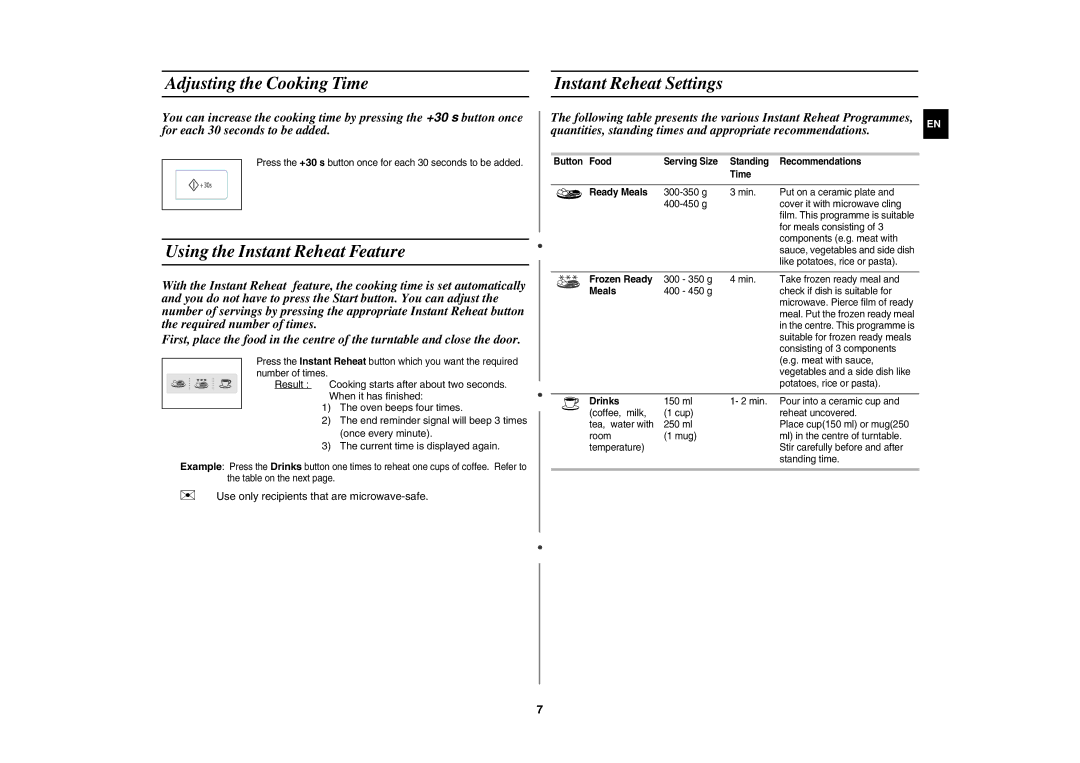 Samsung MW73E-WB/BOL manual Adjusting the Cooking Time, Using the Instant Reheat Feature, Instant Reheat Settings 