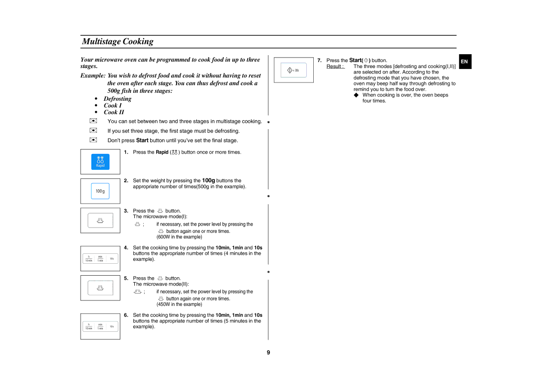 Samsung MW73E-WB/BOL manual Multistage Cooking, 500g fish in three stages Defrosting Cook 