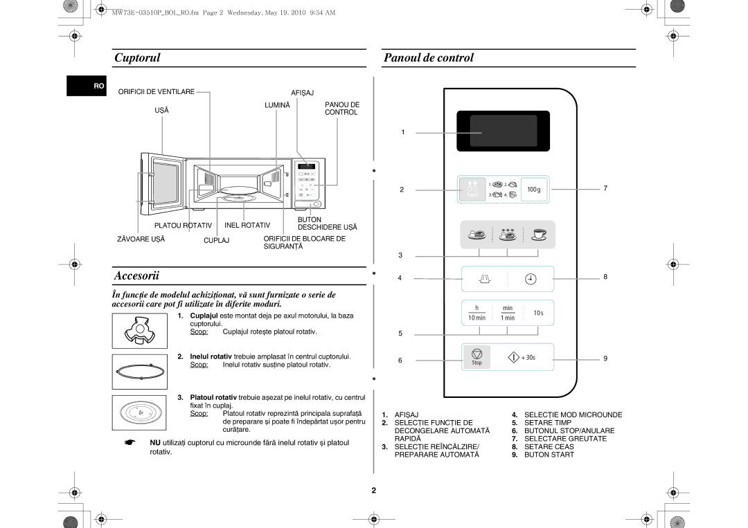 Samsung MW73E-WB/BOL manual Cuptorul Panoul de control, Curăţare, Platoul rotativ reprezintă principala suprafaţă 