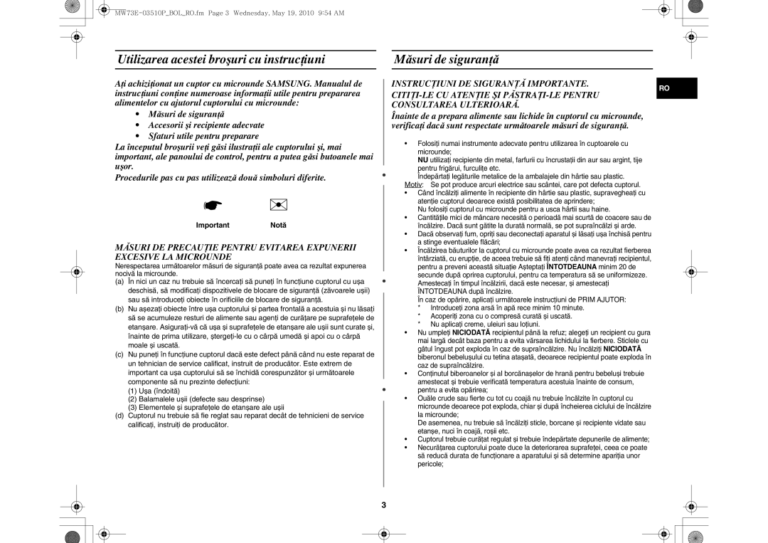 Samsung MW73E-WB/BOL manual Utilizarea acestei broşuri cu instrucţiuni, Măsuri de siguranţă, ImportantNotă 