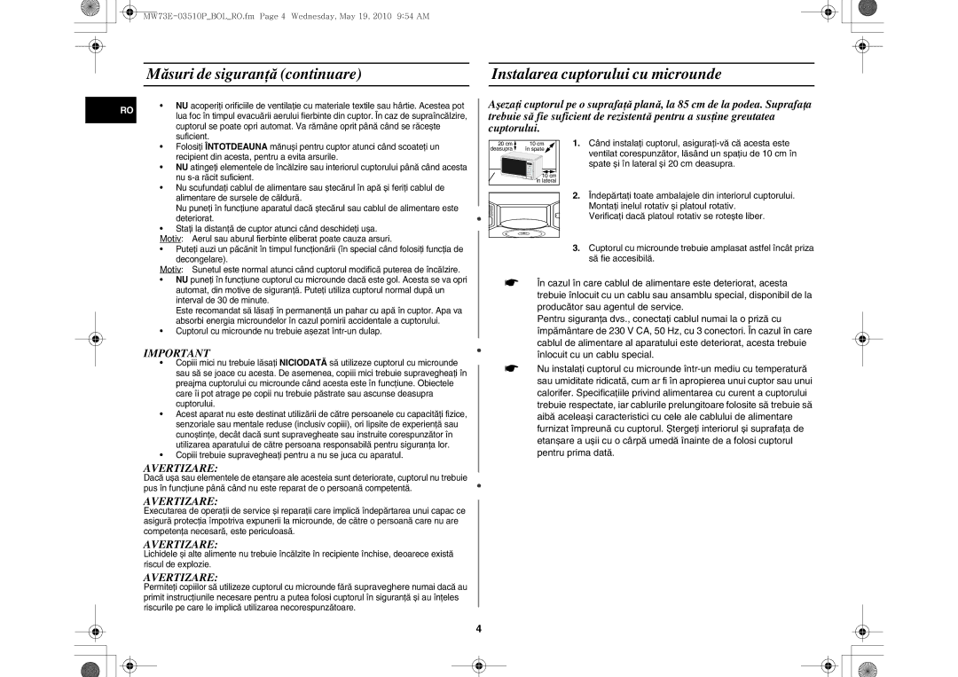 Samsung MW73E-WB/BOL manual Când instalaţi cuptorul, asiguraţi-vă că acesta este, Spate și în lateral și 20 cm deasupra 