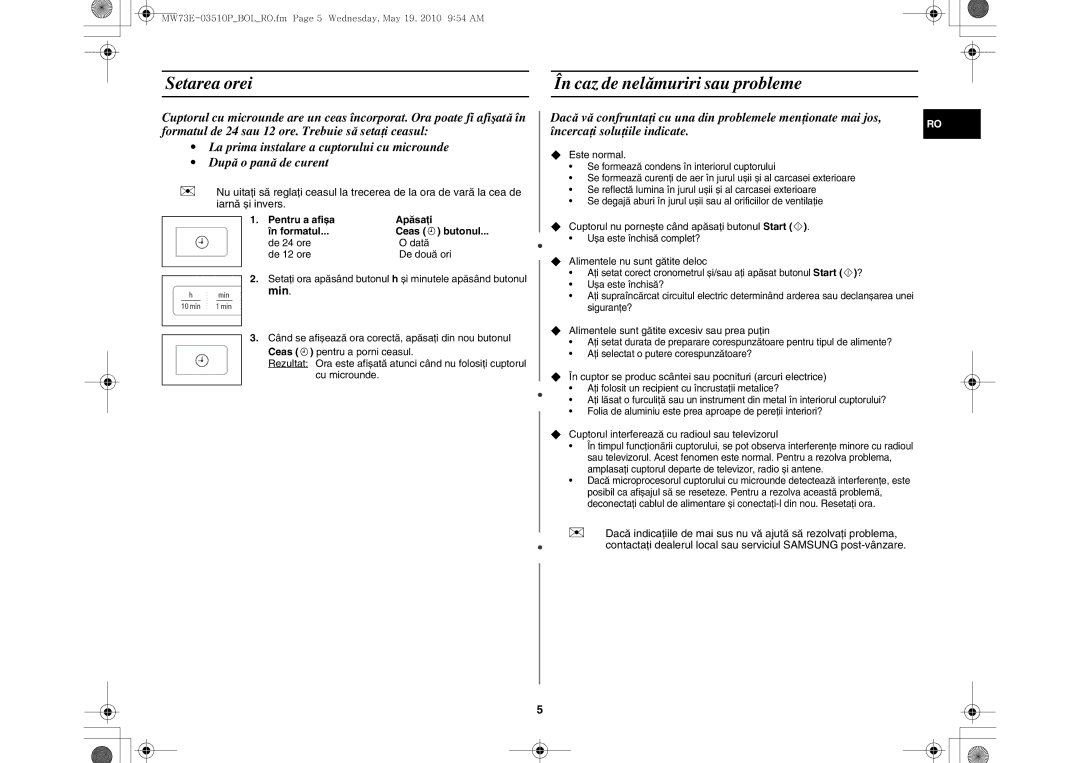 Samsung MW73E-WB/BOL manual Setarea orei, În caz de nelămuriri sau probleme 