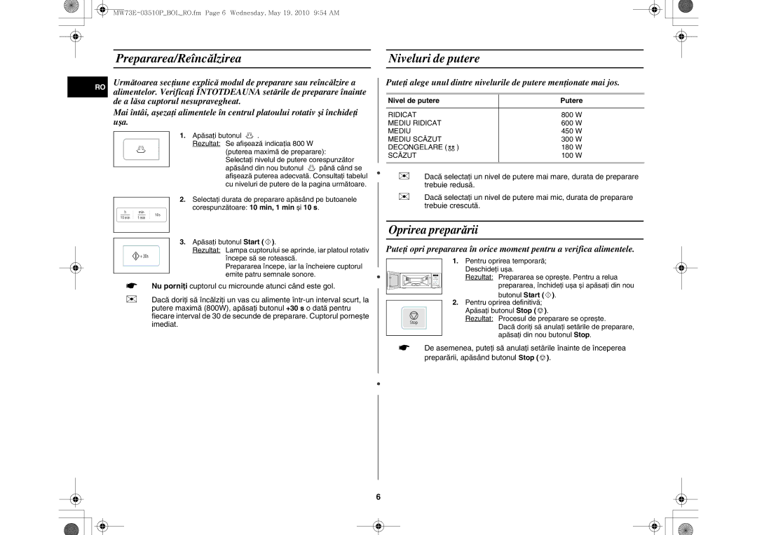 Samsung MW73E-WB/BOL manual Prepararea/Reîncălzirea Niveluri de putere, Nivel de putere Putere, Butonul Start 