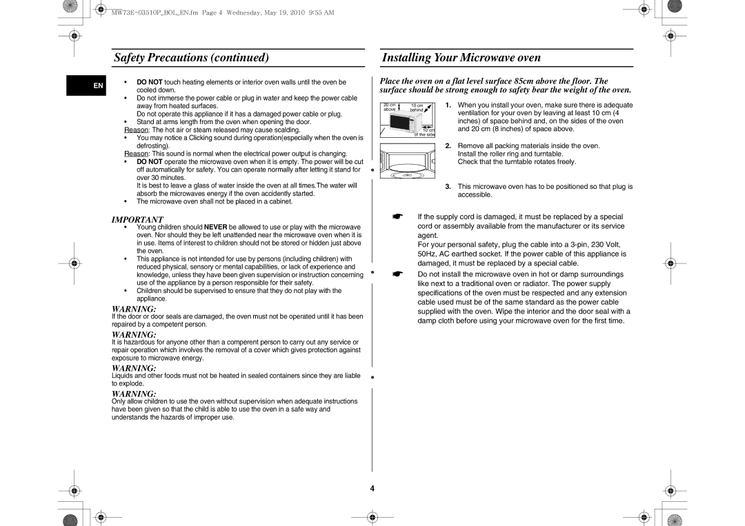 Samsung MW73E-WB/BOL manual Safety Precautions Installing Your Microwave oven 