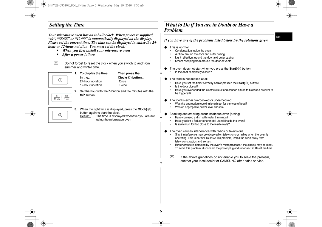 Samsung MW73E-WB/BOL manual Setting the Time, What to Do if You are in Doubt or Have a Problem, Clock button 