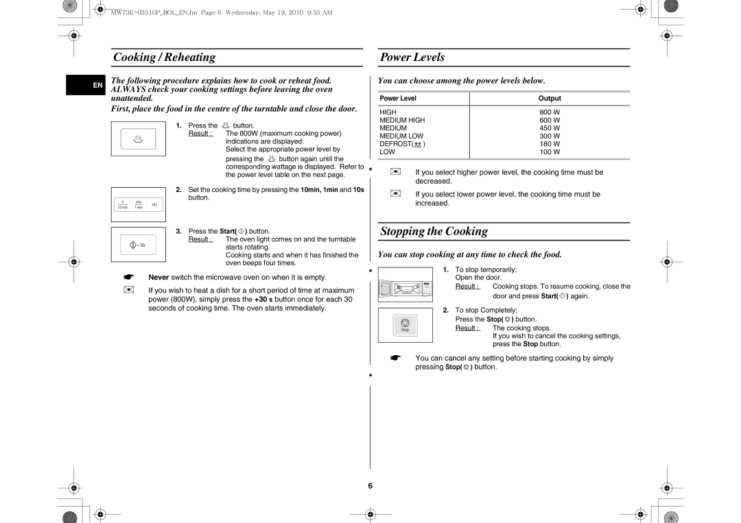 Samsung MW73E-WB/BOL manual Cooking / Reheating Power Levels, Stopping the Cooking 