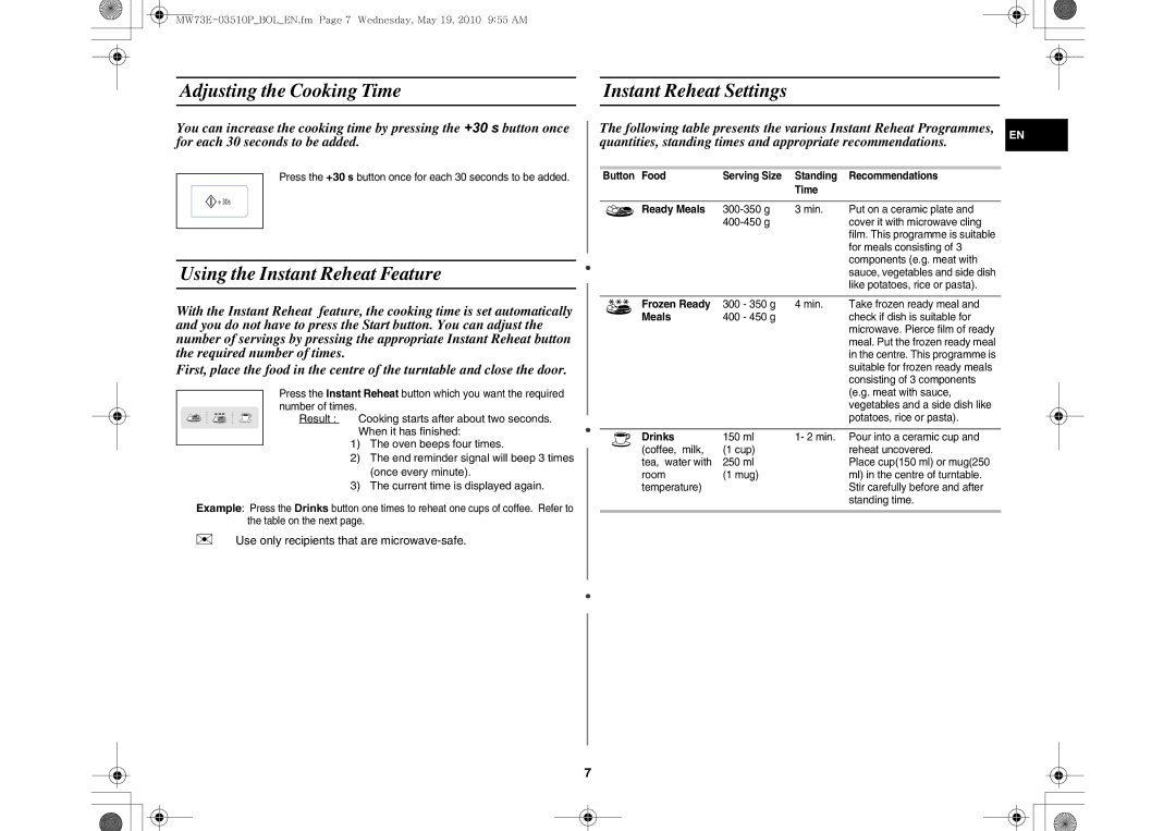 Samsung MW73E-WB/BOL manual Adjusting the Cooking Time Instant Reheat Settings, Using the Instant Reheat Feature 