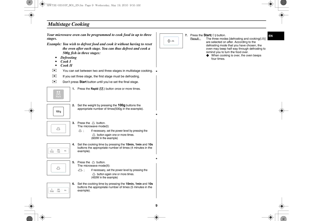 Samsung MW73E-WB/BOL manual Multistage Cooking, 500g fish in three stages Defrosting Cook 