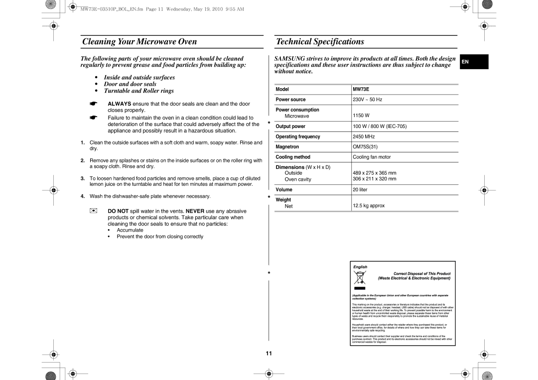 Samsung MW73E-WB/BOL manual Cleaning Your Microwave Oven, Technical Specifications 