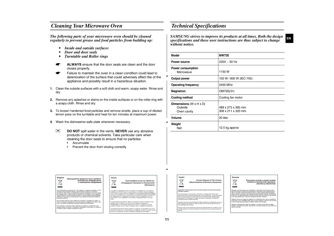 Samsung MW73E-X/BAL manual Cleaning Your Microwave Oven, Technical Specifications, Dimensions W x H x D 