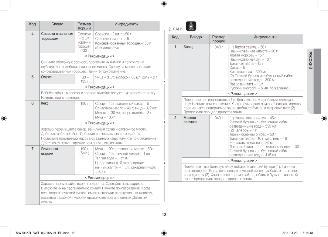 Samsung MW73T2KR/BWT, MW73E3KR-X/BWT manual Ланч 