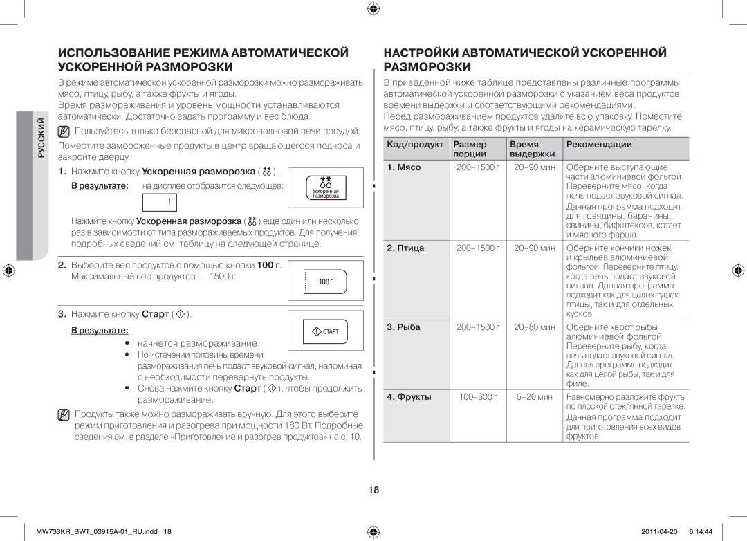 Samsung MW73E3KR-X/BWT Использование режима автоматической ускоренной разморозки, Нажмите кнопку Ускоренная разморозка 