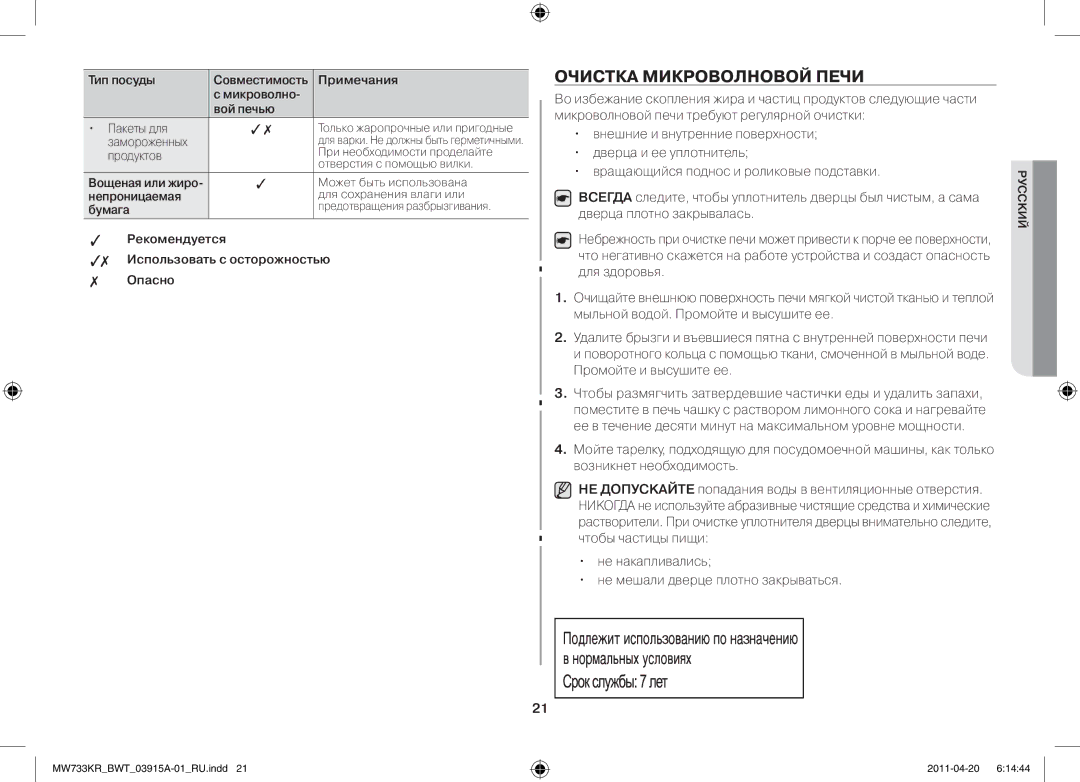 Samsung MW73T2KR/BWT, MW73E3KR-X/BWT manual Очистка микроволновой печи, Не накапливались Не мешали дверце плотно закрываться 