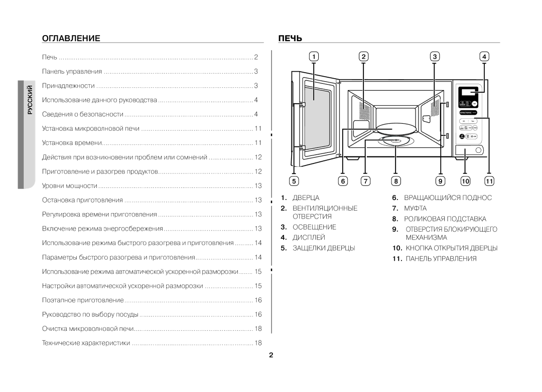 Samsung MW73ER-1/BWT, MW73ER-1X/BWT manual Оглавление, Печь 